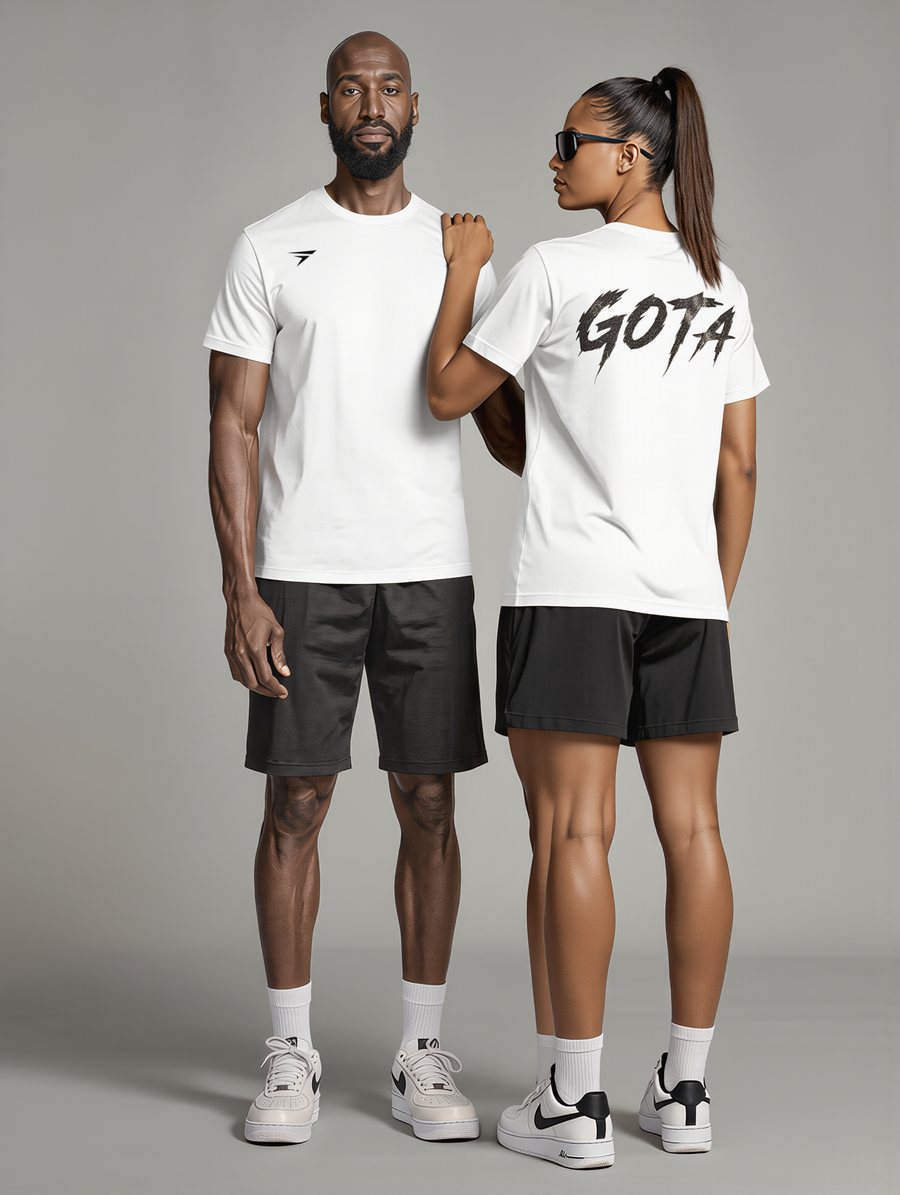 Two people wearing the white GOTA tee, front and back