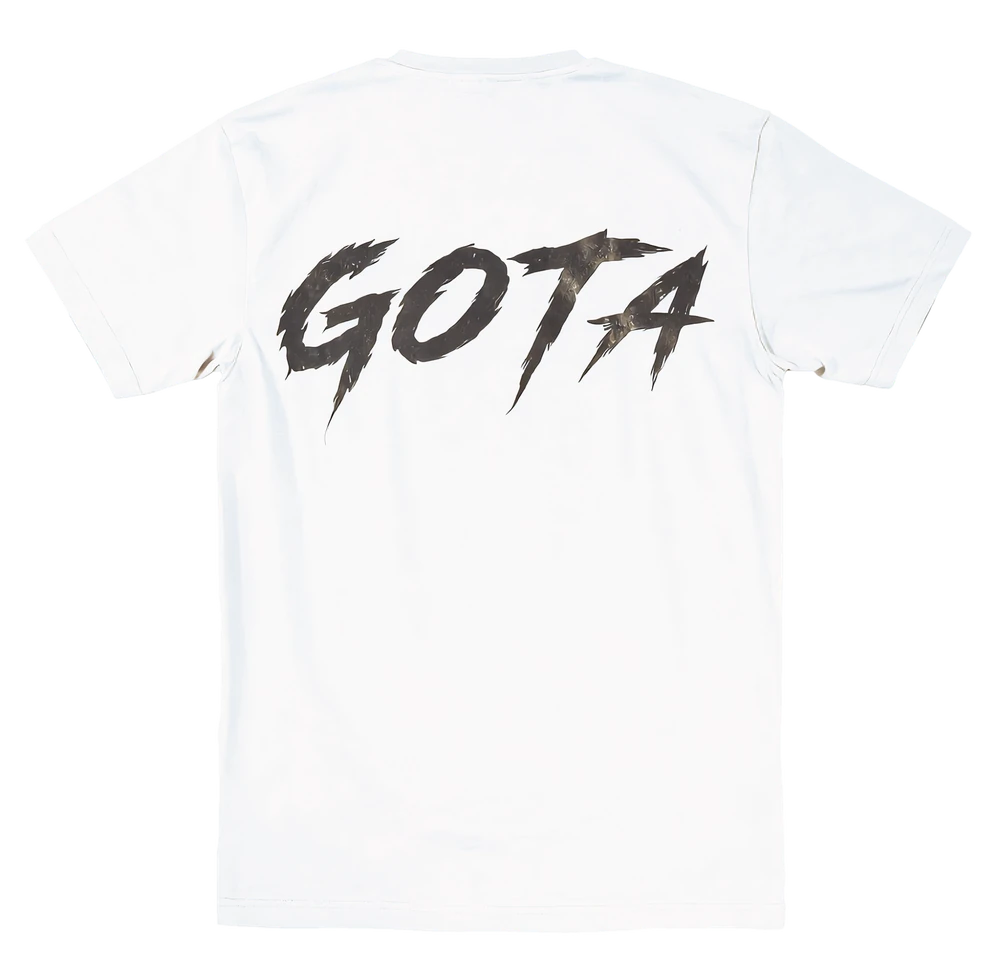 GOTA white tee, back, GOTA lettering