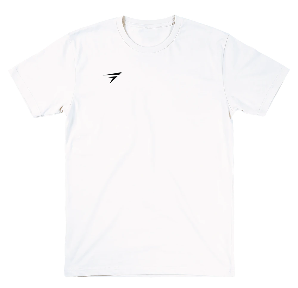 GOTA white tee, front, small mark on the chest